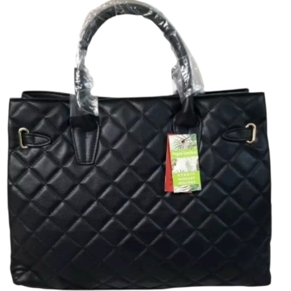 Badgley Mischka Big Quilted Black Diamond Pattern Tote Bag With Front Lock - Picture 2 of 8